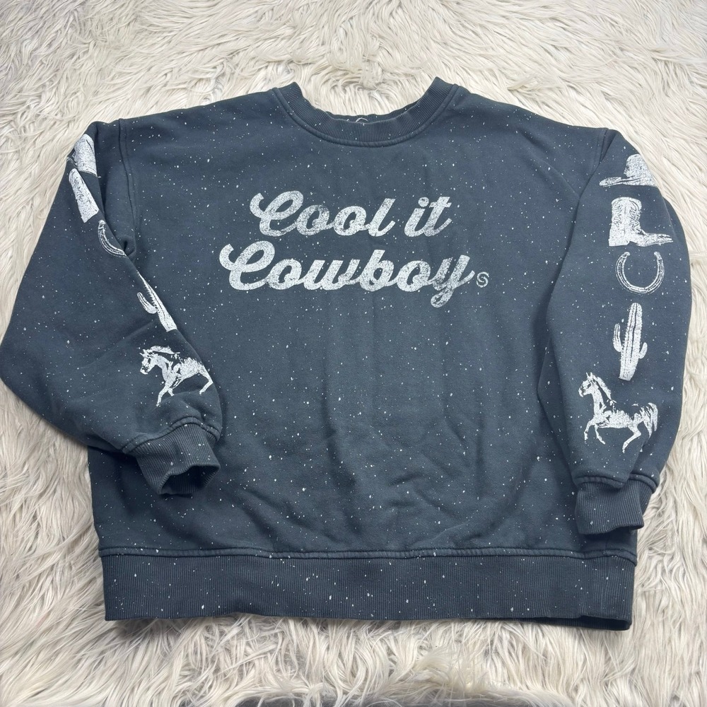 Sterling & Stitch Women's S Gray Cool It Cowboy Western Motif Crew Sweatshirt